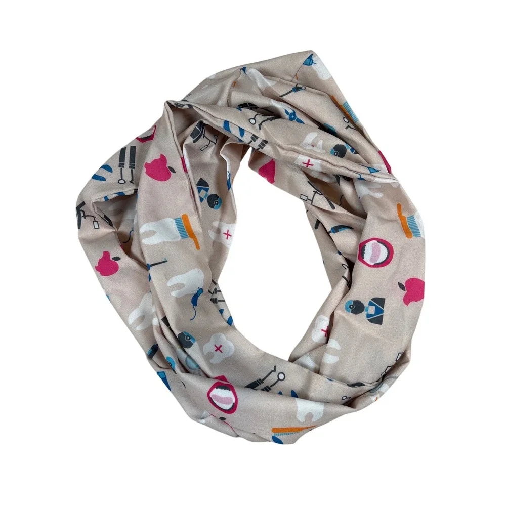 Dental Hygienist Infinity Scarf Beige Novelty Tooth Print Dentist Gift Accessory